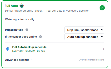 An area set to Full Auto in the Garzed app, showing its irrigation type, what happens if the sensor goes offline, and its backup schedule