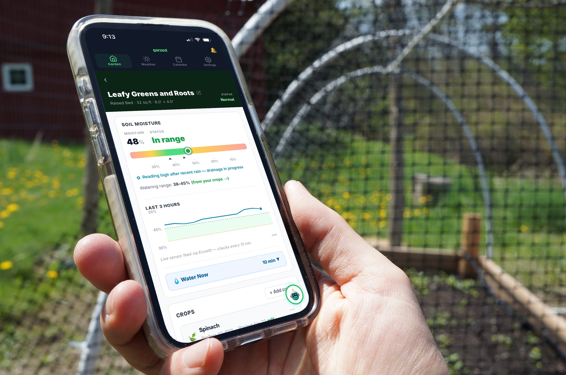 An area's live page, in the garden it waters — soil moisture, watering range, the last three hours.